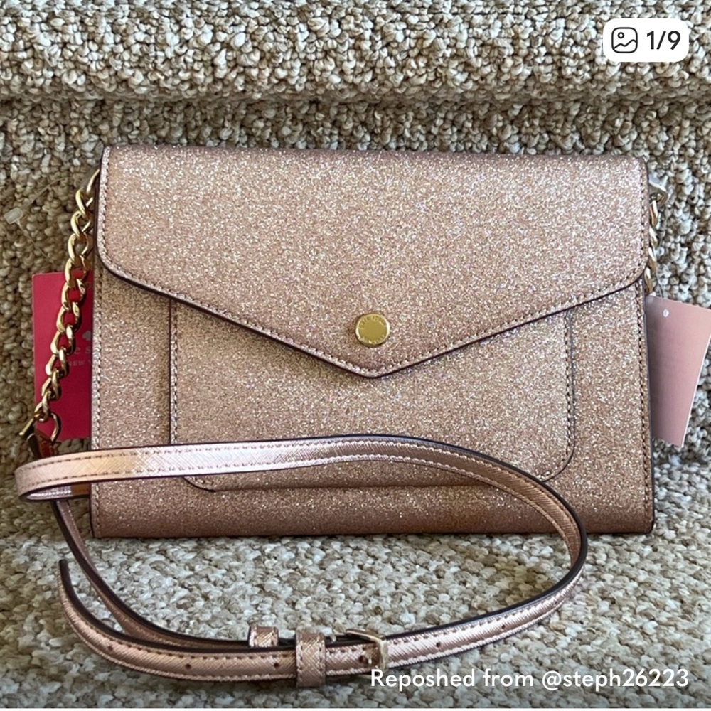 NWT Kate Spade Rose Gold Glitter Clutch Crossbody